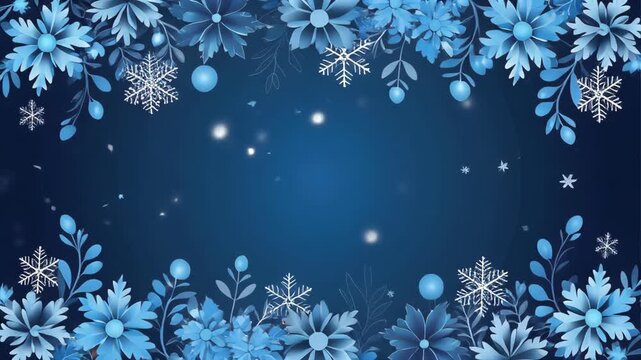 Beautiful Blue Winter Snowflakes and Flowers Border Background.