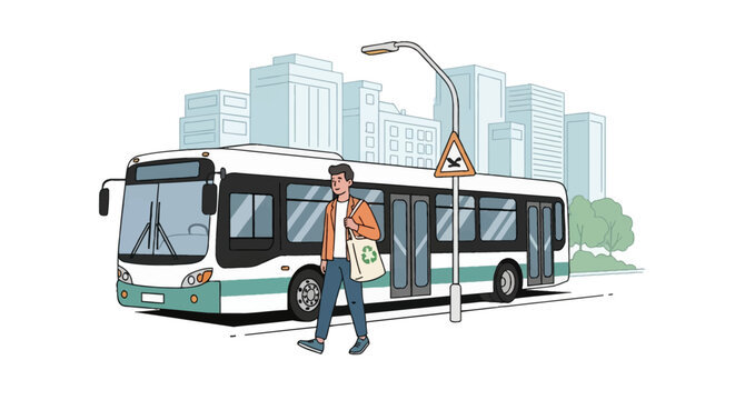 Vector illustration of a young man with a recycling symbol tote bag walking past a modern city bus on a street with skyscrapers and a bus stop sign in the background.