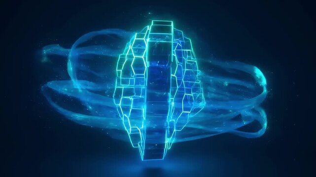 Hand holding glowing neon digital shield with hexagonal pattern