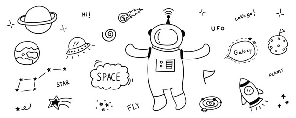 Astronaut floating in outer space with planet rocket ship UFO star and celestial elements for astronomy and exploration concept vector design. © FYDesign
