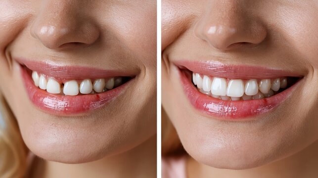 Dental before and after concept showing teeth gap closure and whitening