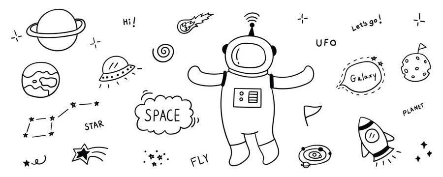 Astronaut floating in outer space with planet rocket ship UFO star and celestial elements for astronomy and exploration concept vector design.
