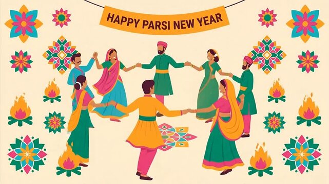 Happy Parsi New Year Celebration with Traditional Dance and Festive Decorations.