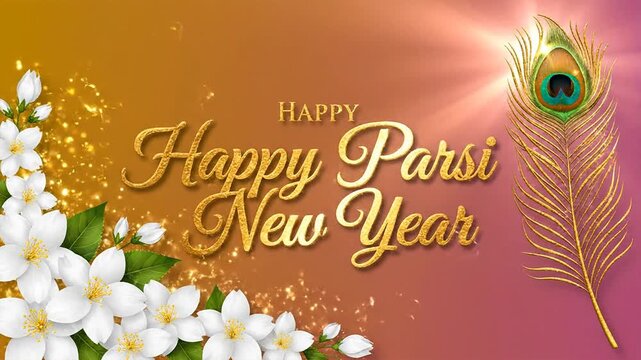Happy Parsi New Year Celebration with Peacock Feather and Jasmine Flowers.