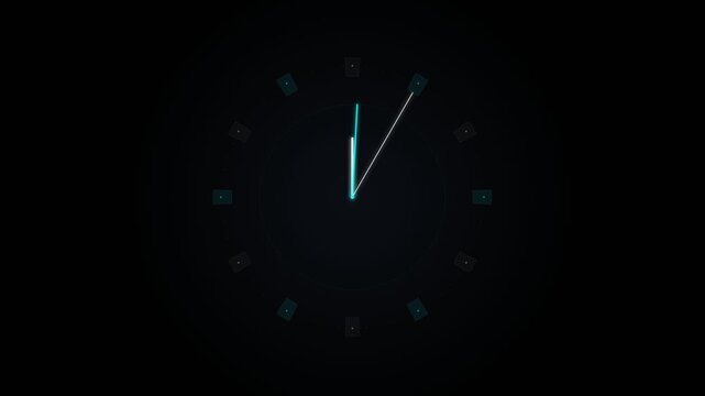 Futuristic digital 24 hour clock interface on black background