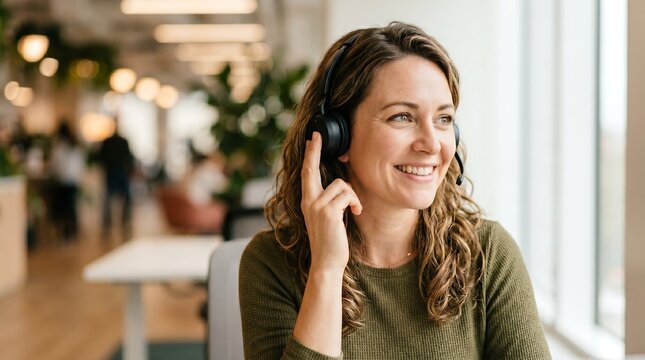 Smiling female customer service representative with headset in office environment, concept for telemarketing assistance, customer support and business communication
