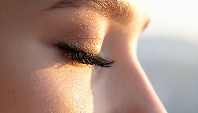 Close-up of a closed eyelid  long eyelashes  soft morning light  serene atmosphere