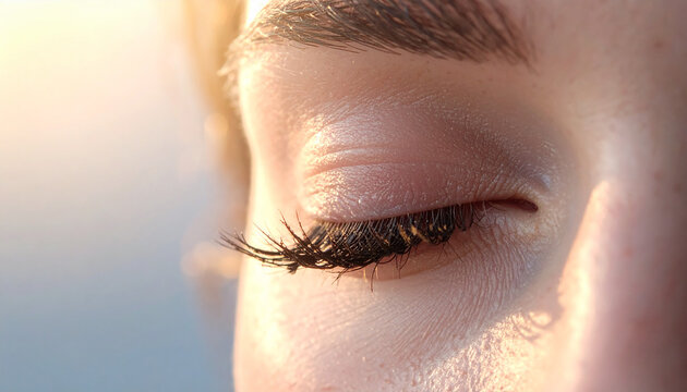 Close-up of a closed eyelid  long eyelashes  soft morning light  serene atmosphere