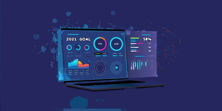 laptop with holographic dashboard and colorful graphs on screen