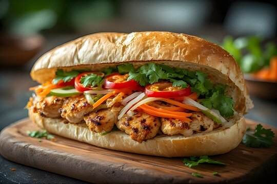 chicken banh mi sandwich on a wooden board