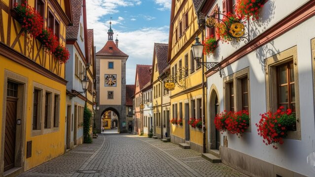 charming cobblestone street in historic european town with clock tower at sunset