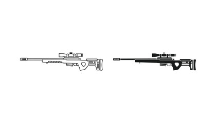 Precision sniper rifle long range weapon icon set in outline and solid black style for military tactical gear or shooting sports game development assets © Canvas