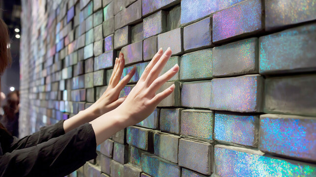 Human hands touching a futuristic brick wall made of iridescent holographic cubes that glow with multi-colored light, exploring themes of tactile technology and digital interaction.