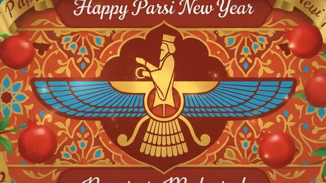 Happy Parsi New Year Nowruz Mubarak celebration with traditional Faravahar symbol and vibrant Persian patterns.