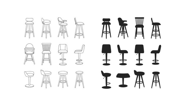 Collection of bar stools and chairs line art and solid silhouettes for interior design and furniture concepts