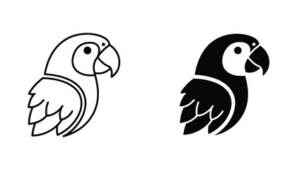 Fototapeta premium Parrot bird icon set featuring tropical bird silhouette in outline and solid black styles for exotic wildlife branding and graphic design projects isolated on white background