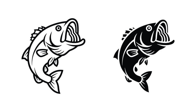 Largemouth bass fish icon set showing jumping fish in outline and solid black graphic styles for fishing sport branding and logo design isolated on white background