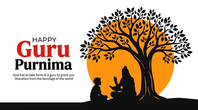 Happy Guru Purnima Greeting Banner with Guru and Disciple Silhouette