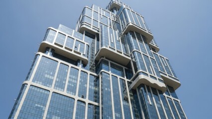 Obraz premium modern high-rise glass skyscraper reflecting blue sky urban architecture design