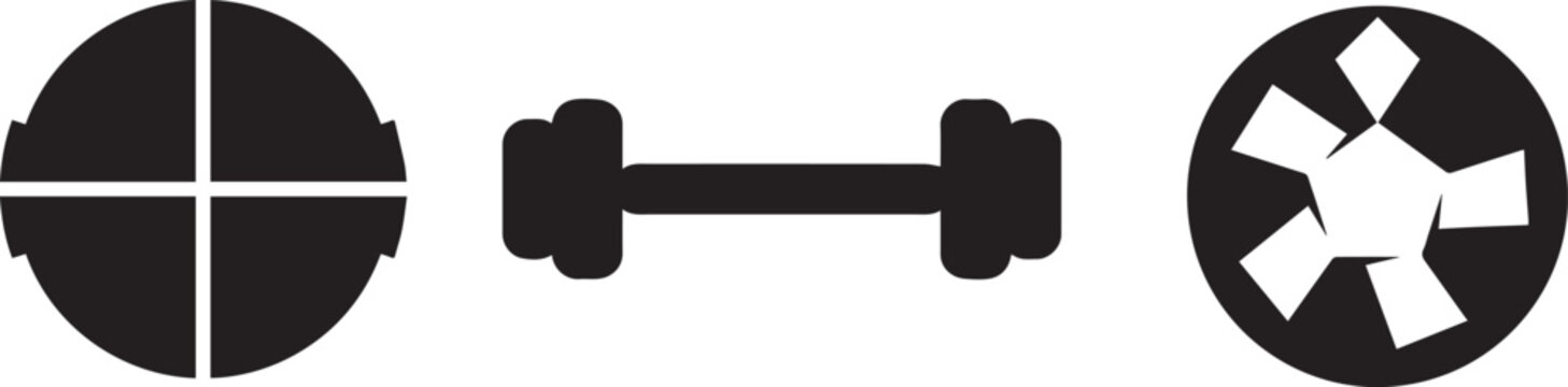 Minimalist fitness icons set, football, basketball and weight plate symbols, gym equipment silhouettes for workout branding and sports 