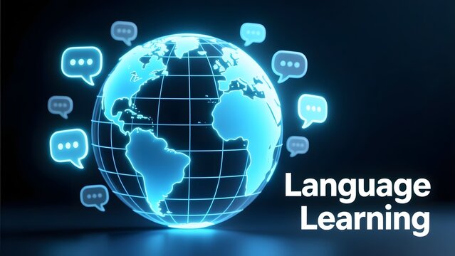 Language learning digital concept, glowing blue globe with speech bubbles, global communication and online education technology