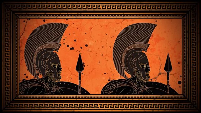 spartan soldiers marching in ancient greek vase style
