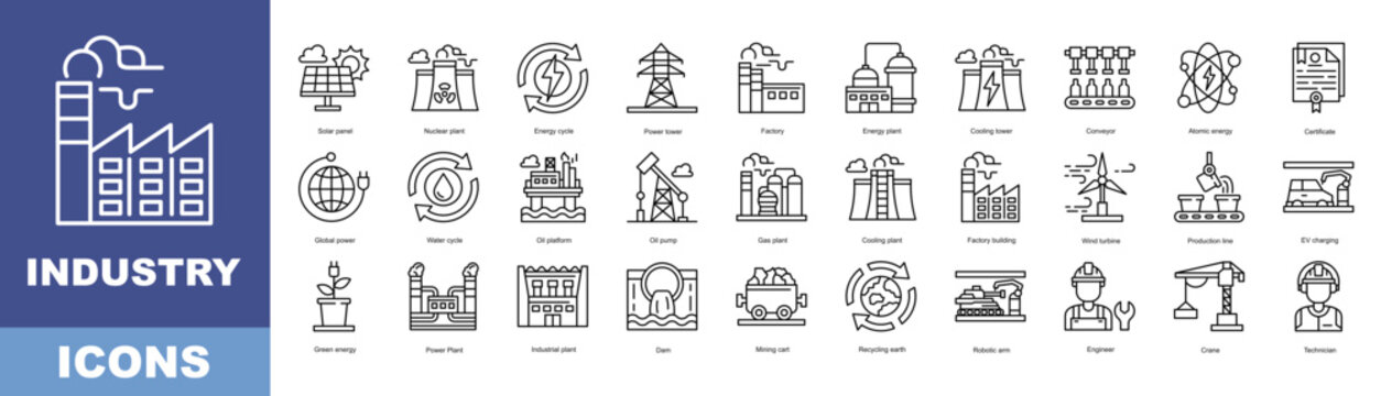 Industry icon pack collection set for business management. With Solar panel, Nuclear plant, Energy cycle, Power tower, Factory, Energy plant, Cooling tower, Conveyor, Atomic energy, Certificate.