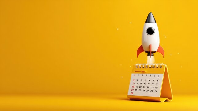 New Project Launch Concept: Rocket take off from calendar on yellow background. Illustrating the concept of a project launch or start date