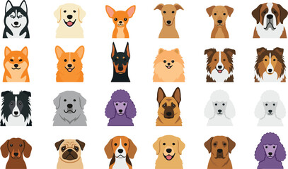 Large dog breed head collection. Flat vector puppy face set including Husky, Corgi, and Saint Bernard. Purebred pet avatars for icons, stickers, and veterinary apps. © EDEN QUEEN