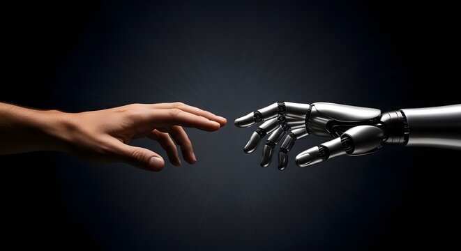 Human Robot Hand Connection
Man Machine Interface Touch
Artificial Intelligence Handshake
Human Touch Meets Technology