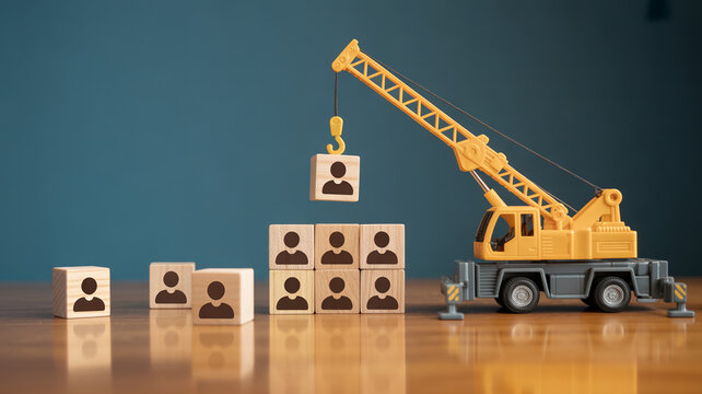 Toy crane lifting wooden block with person icon to stack of blocks