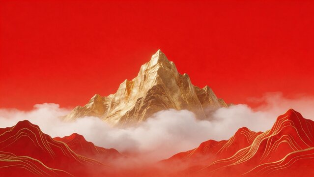 Majestic Golden Mountain Peak Rising Above Clouds in Red Fantasy Landscape
