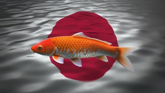 日本国旗を背に水面の鯉が艶やかに輝く和の美