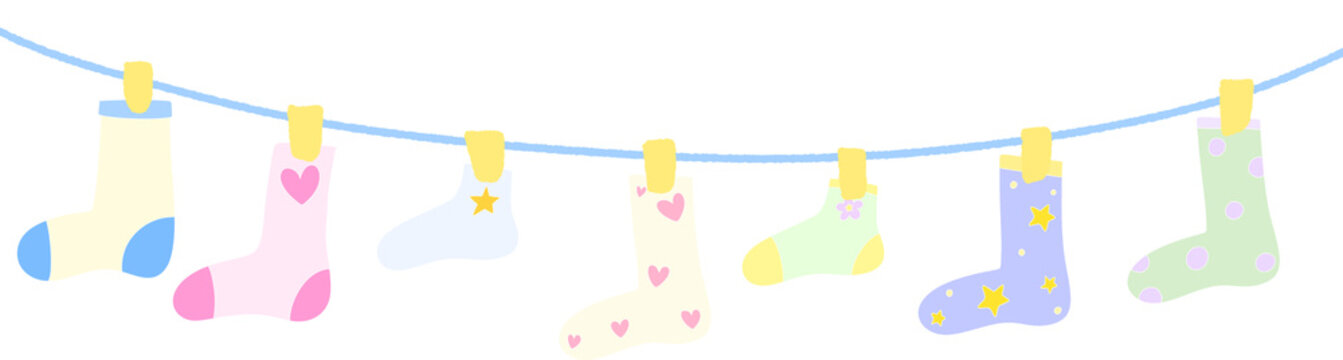 Hand Drawn Socks Hanging on Clothesline Cute Laundry Scene Illustration Set PNG