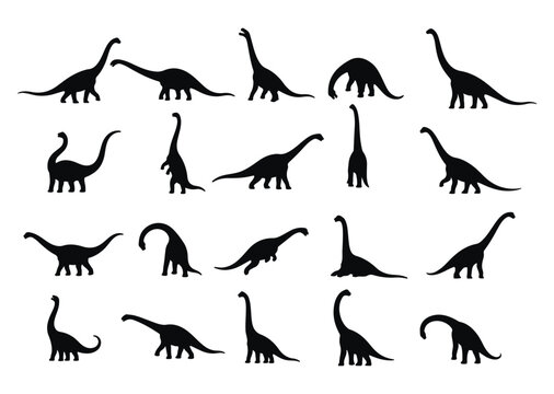 Dinosaur and Jurassic monster icons. Vector silhouettes of Brachiosaurus, Isisaurus, Camarasaurus, Mamenchisaurus, Diplodocus