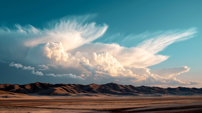 Majestic white cumulus clouds stretching across a bright blue sky above a desert mountain ridge, symbolizing hope, freedom, and the expansive beauty of the natural world.