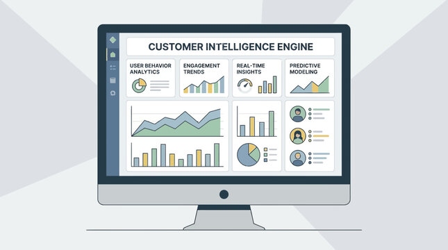 A computer monitor displays a customer intelligence engine graph on screen in office