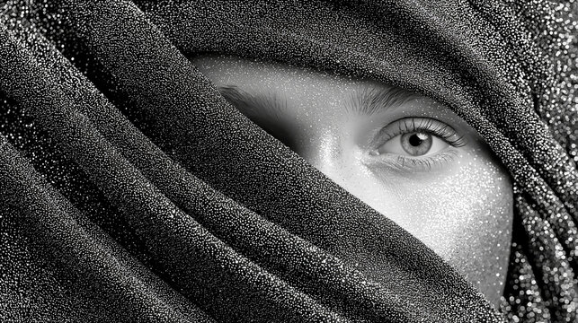 Close-up Portrait of a Beautiful Woman with Sparkling Silver Glitter Makeup and Hijab Fabric Veiling Her Face, Mysterious and Artistic Fashion Photography