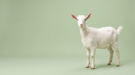 Fototapeta premium Cute white goat standing on a light green background looking at the camera.