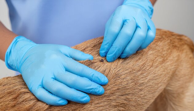 A veterinarian wearing blue gloves examines the skin and fur of a brown dog, checking for health issues or parasites.