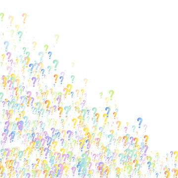 Question marks. Background for quiz, poll, survey, faq, interrogation, query. Multicolored template for opinion, public poll. Funny School vector illustration rainbow color on white background.