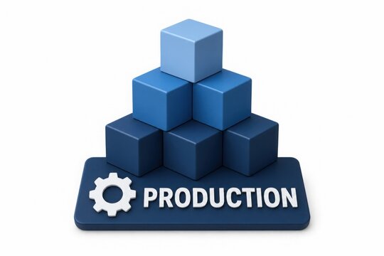 Blue 3D cubes stacked in a pyramid with a gear icon and the word "PRODUCTION" on a base platform.