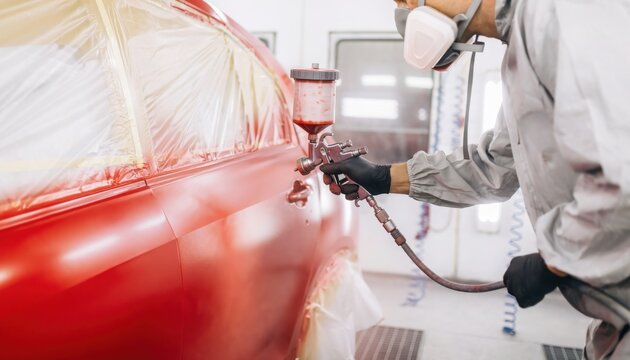 A person in protective gear uses a spray gun to paint a car red in a controlled environment.