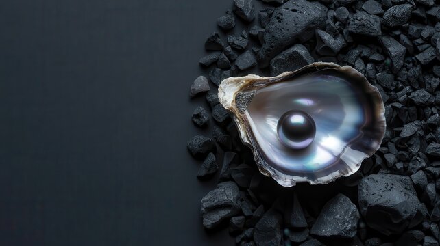 A pearl nestles inside an oyster shell on dark rocks.