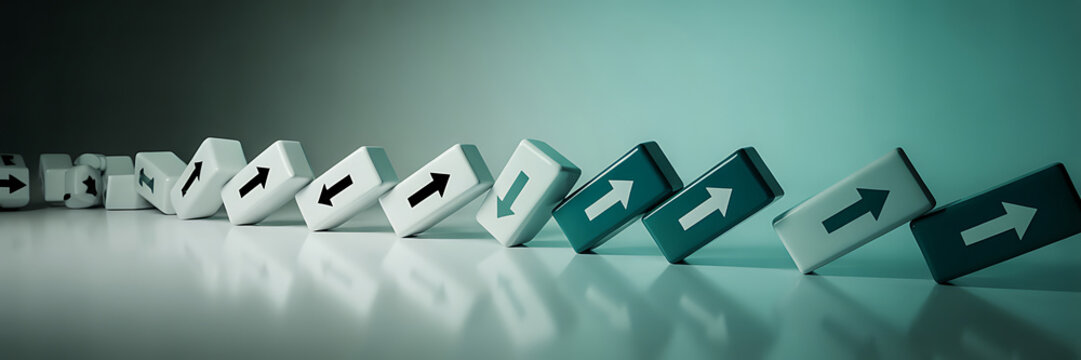 A row of white and green dominoes with arrows on them falling over in a line on a reflective surface with a gradient background