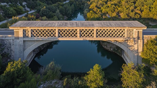 Bridge structural symmetry historic covered wooden lattice truss design aerial perspective stone foundations natural autumn foliage environment
