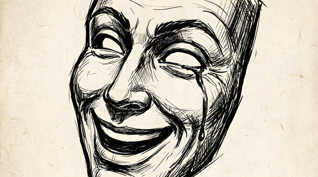 A hand drawn charcoal sketch of a theatrical mask featuring a smiling face with a single falling tear
