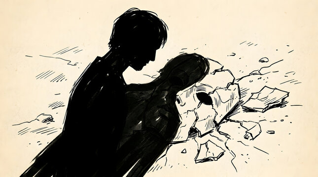 Silhouette of a pensive person looking down at a large cracked stone skull on the ground