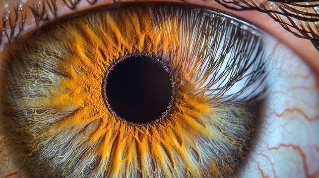 Iris color depth professional macro amber eye with golden center radiating patterns transitioning to darker outer rim and visible texture details