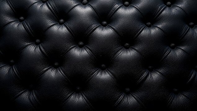 Close up of black tufted leather upholstery with deep shadows